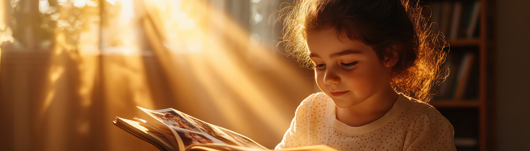 A little girl looking at a family heirloom book