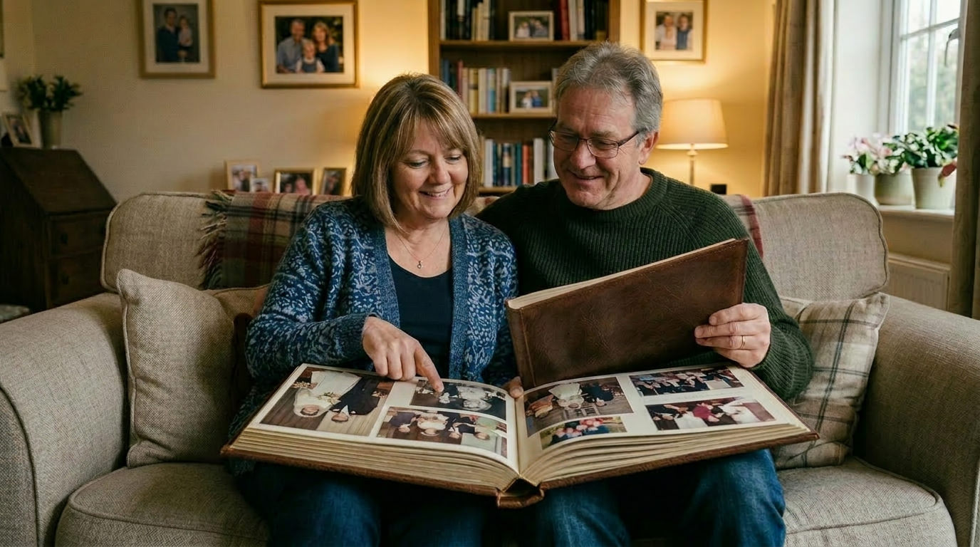 Married couple looking through their wedding album
