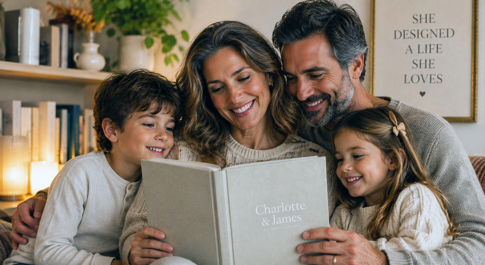 Family looking at wedding heirloom book